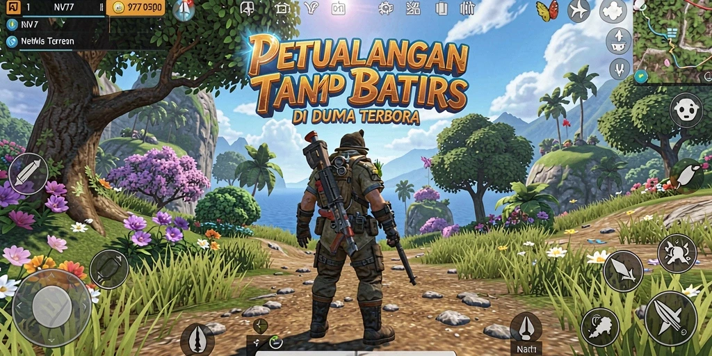 Screenshot gameplay NV77 menampilkan petualangan di dunia terbuka yang luas.