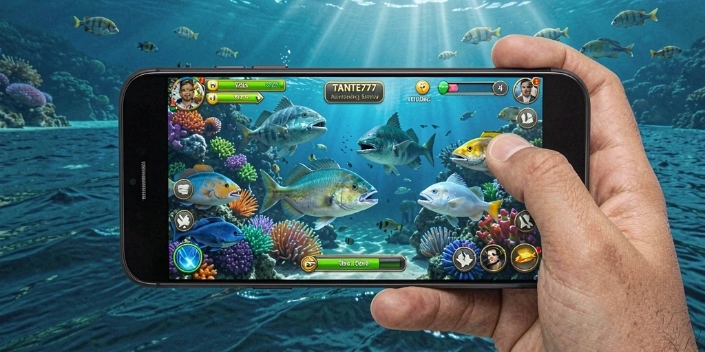Screenshot utama TANTE777 menampilkan gameplay memancing yang mendebarkan.